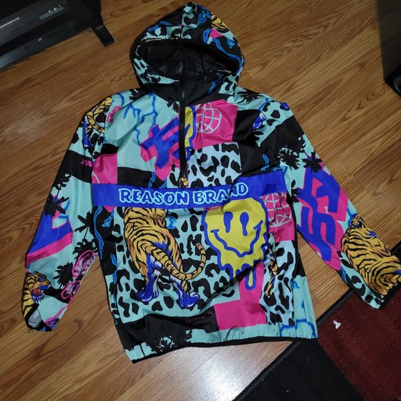 Reason Brand AOP Allover Print Half-Zip Anorak Pullover Jacket Smiley Tiger RSN - Picture 4 of 7